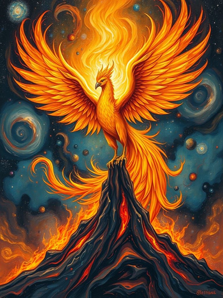 Phoenix Reborn in Cosmic Fire: Van Gogh Style