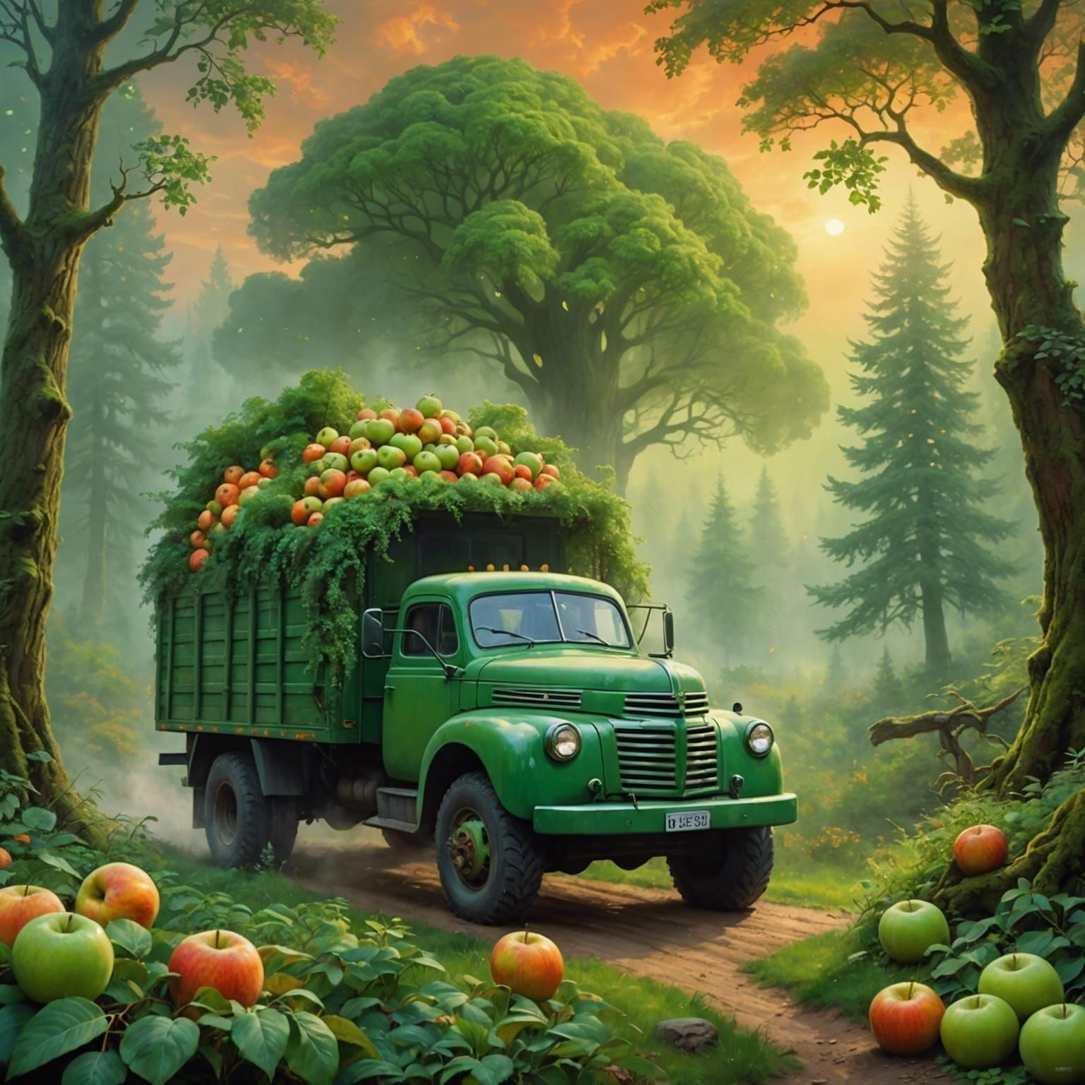 Green Creature Drives Truck Through Hyperrealistic Forest