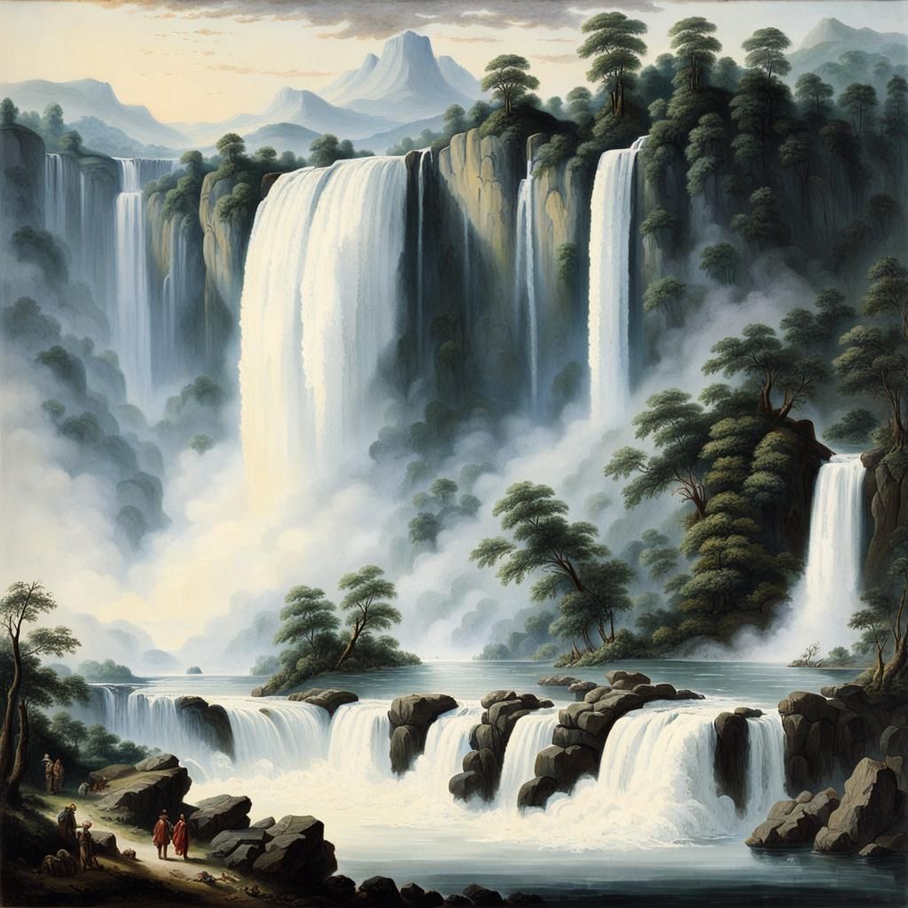 Lush Waterfall Painting with Magical Flowers