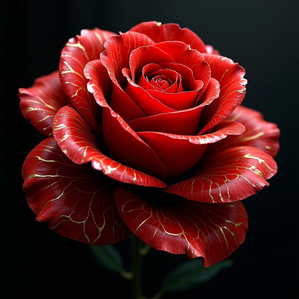 Hyperrealistic Kintsugi Rose Against Black Background