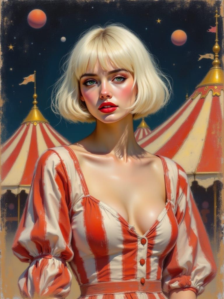 Woman with Red Lips in Dreamlike Starry Scene