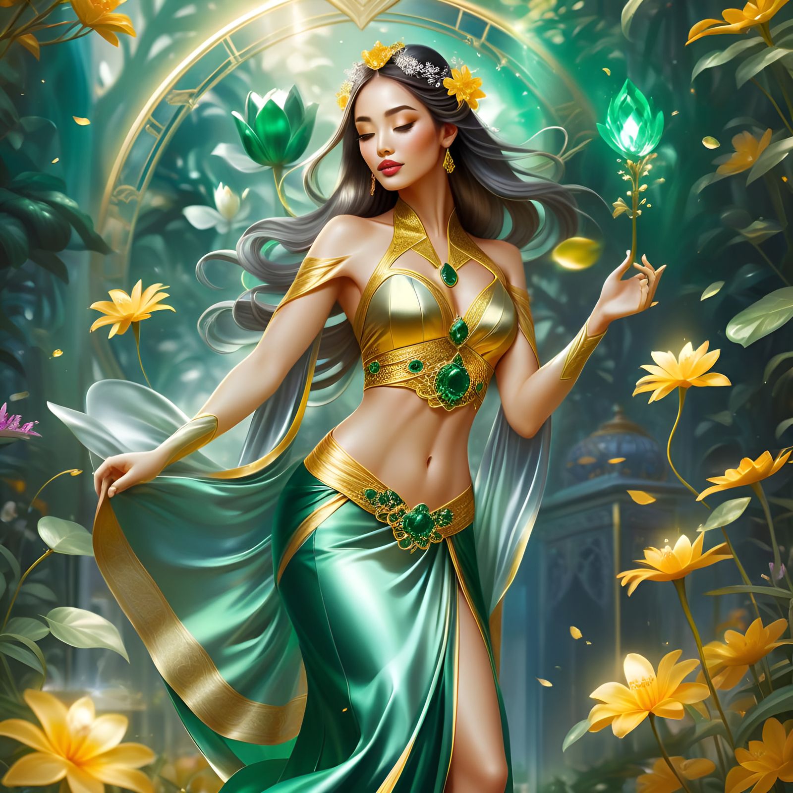 Woman Kissing Spirits in Emerald and Gold Robes