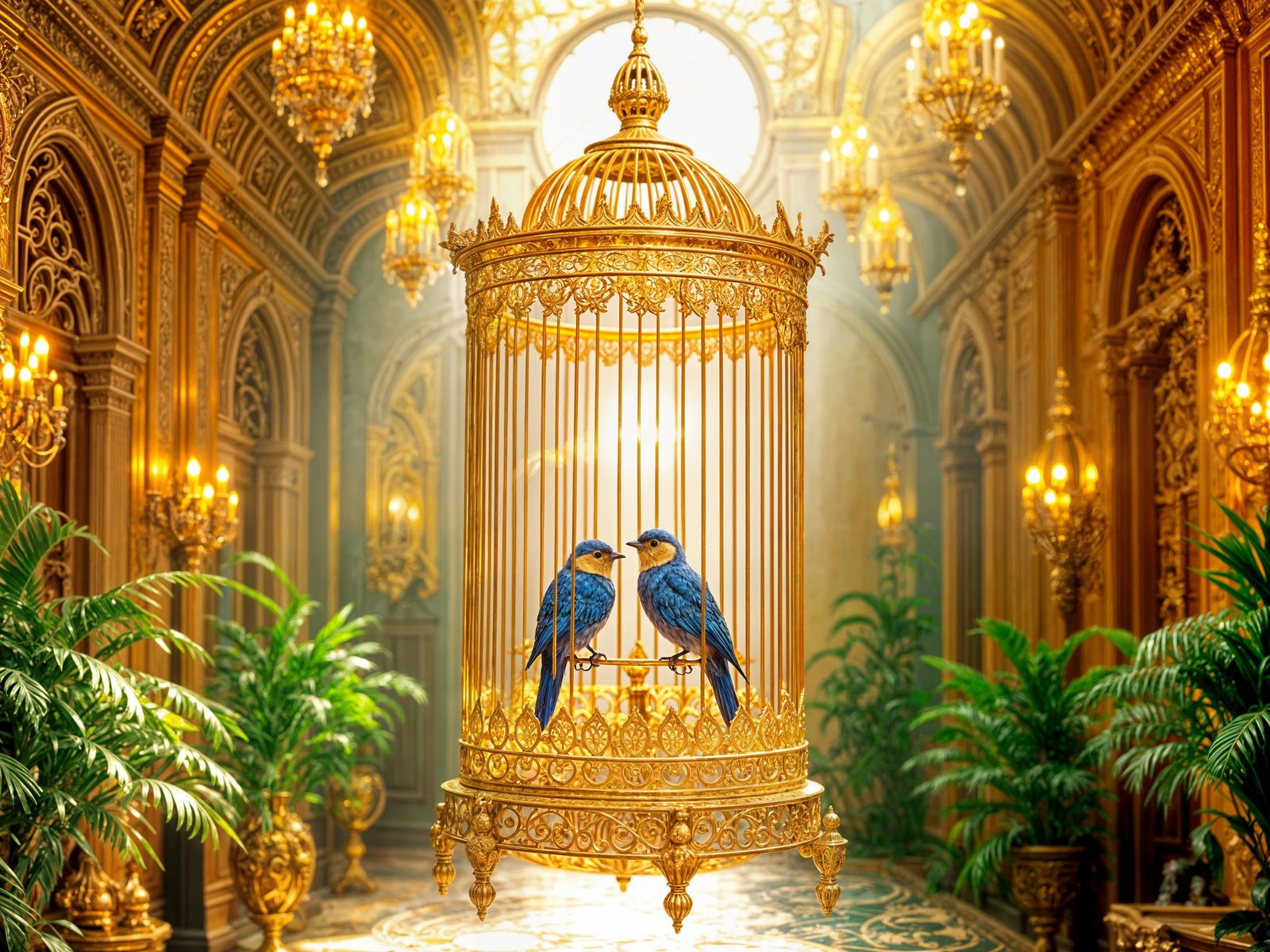 Antique Gold Filigree Birdcage in Opulent Ballroom