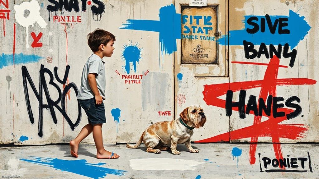 Boy and Dog Serene Scene in Neo-Expressionist Style