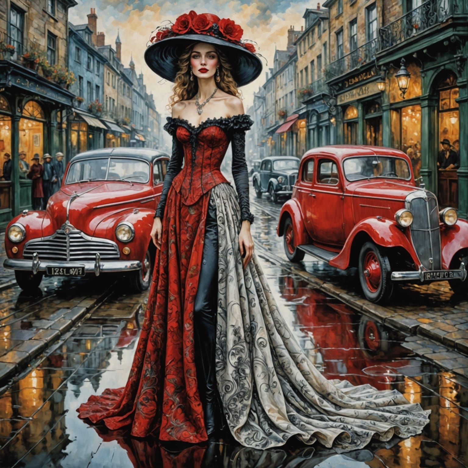 Elegant Woman in a Flowing Red Gown, a Wet Ink Masterpiece