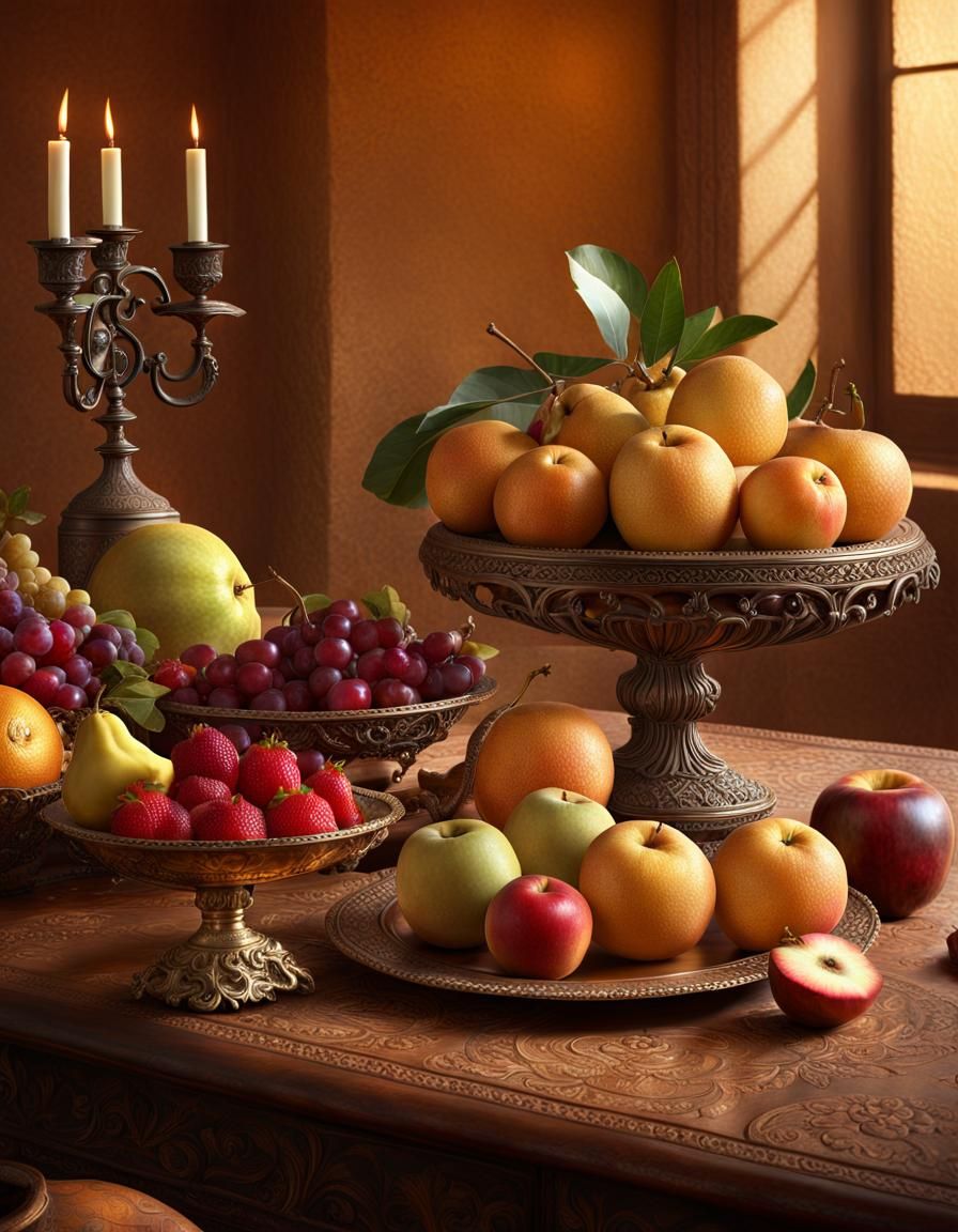 Lavish Fruit Still Life in Hyperrealistic Style