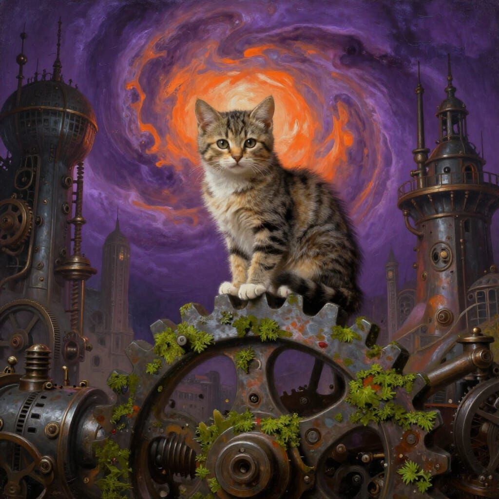 Melancholic Kitten on Steampunk Cog in Nebula Sky