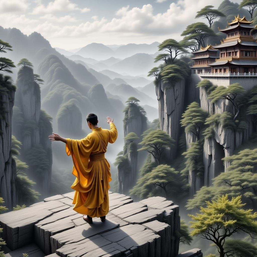 Kung-Fu Monk at Mountain Monastery in Charcoal Style