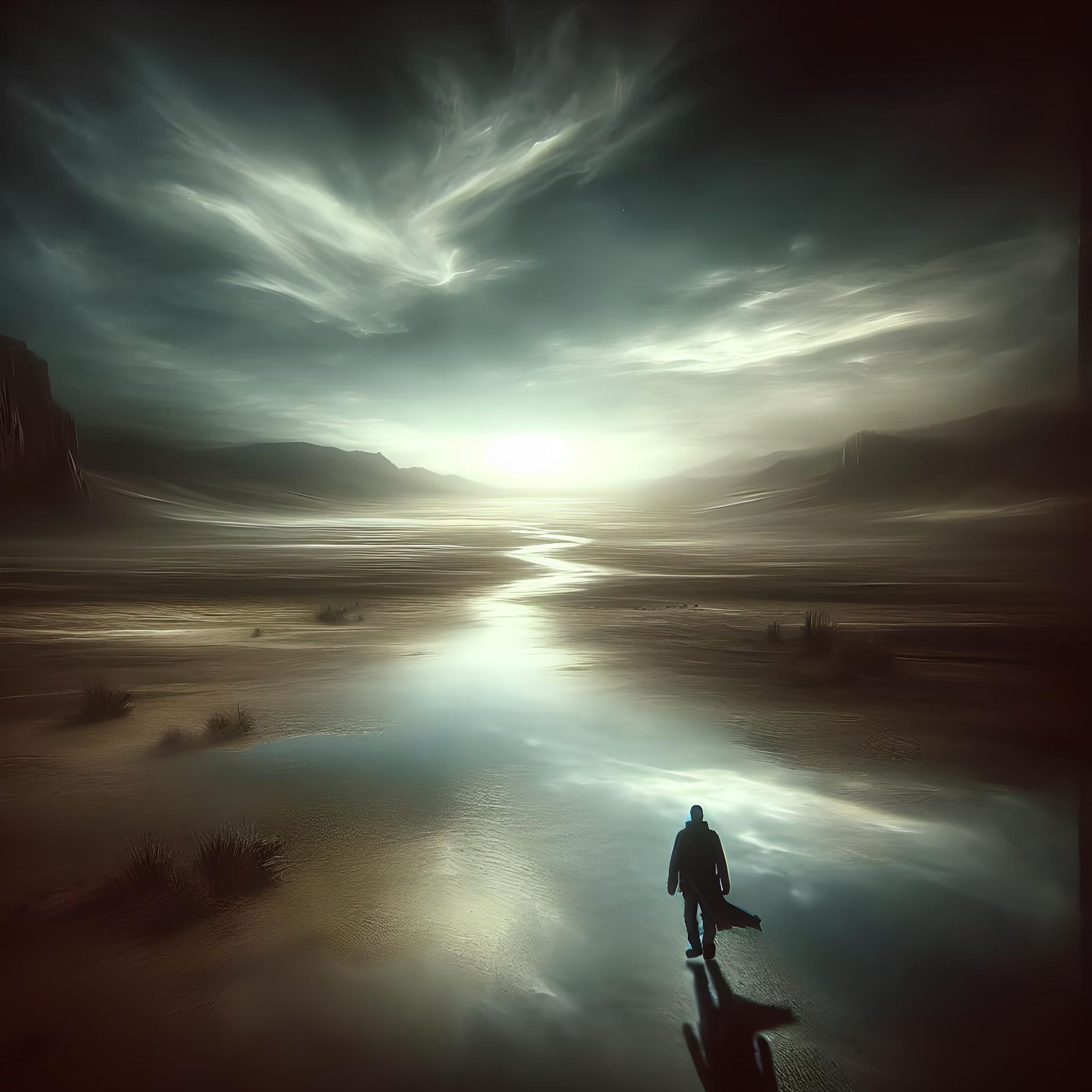 Lone Traveler in Desolate Wasteland