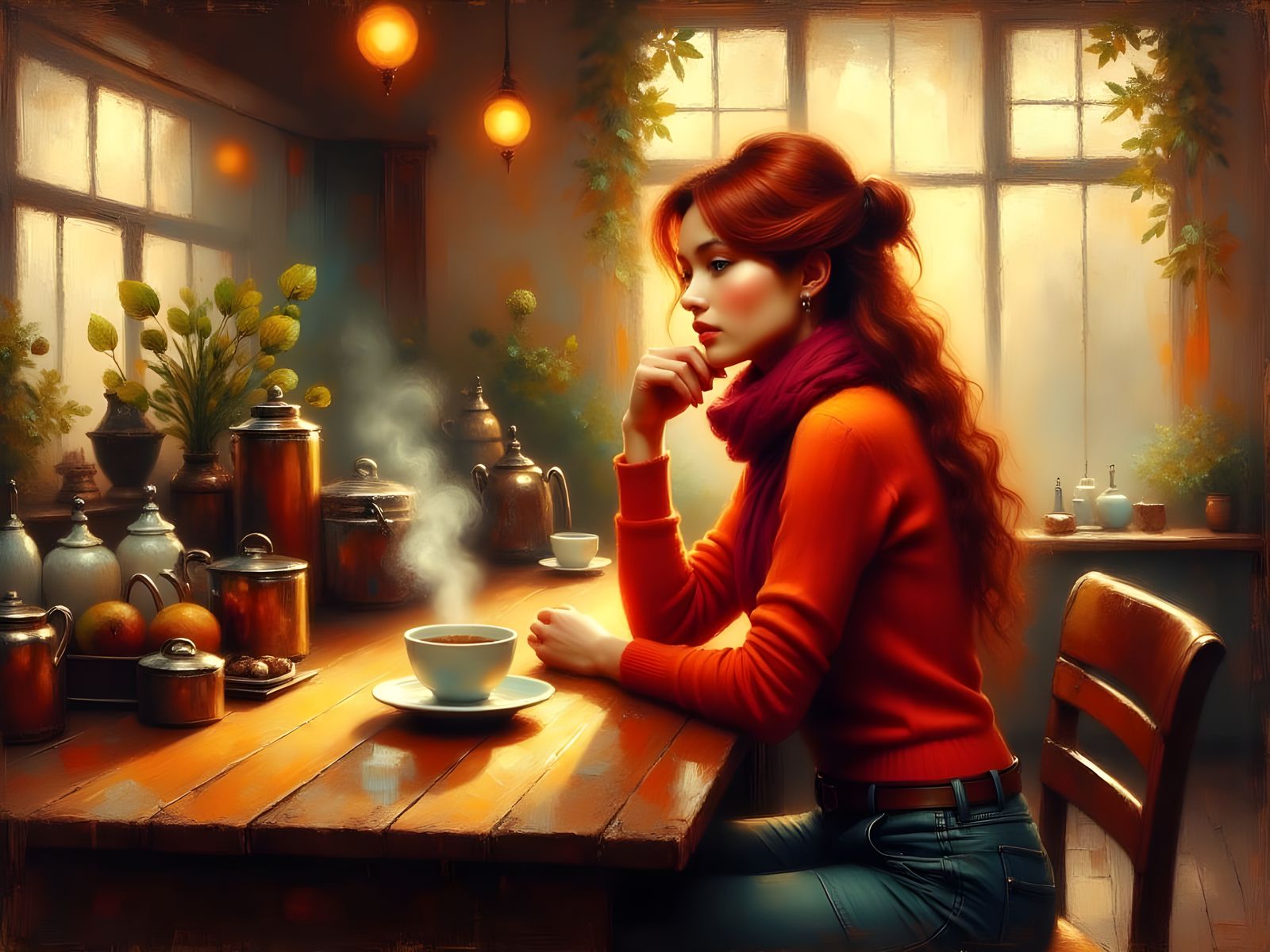 Warm Coffee Shop Scene in Grungy Impasto Style