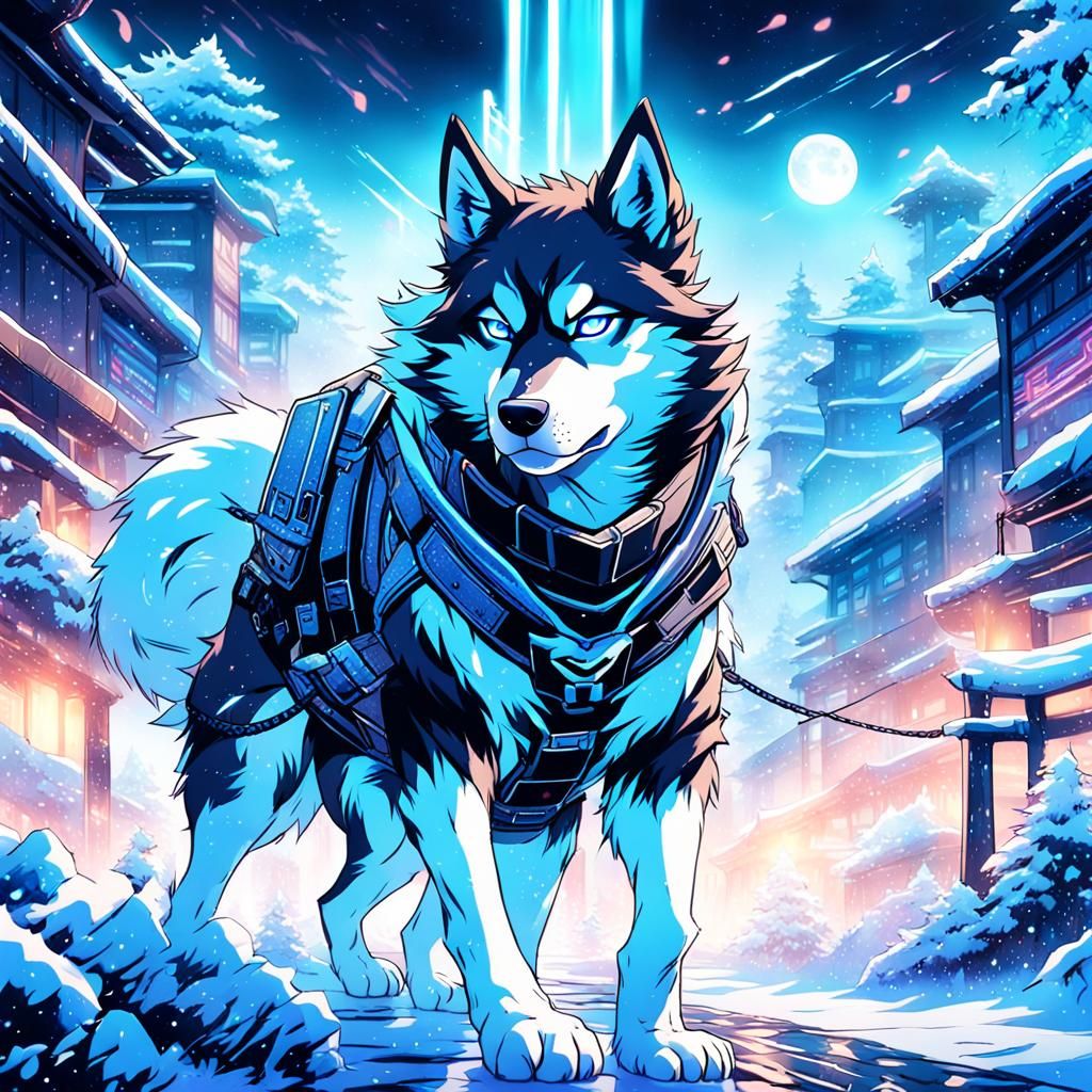 Cyberpunk Ninja Husky in Icy Anime Style