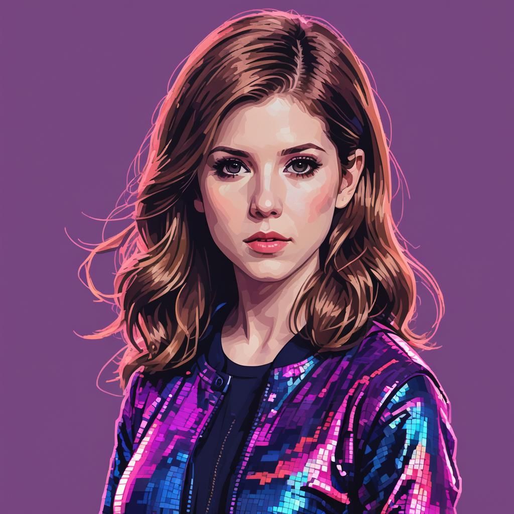 Anna Kendrick Pixel Art in Synthwave Neon Style