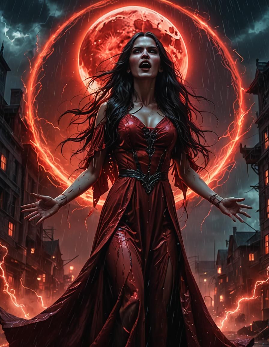Beautiful Vampire in Red Rain, Fantasy Concept Art