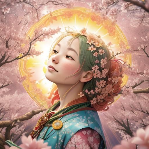 Sunrise Cherry Blossom: Intricate Solarpunk Splash Art