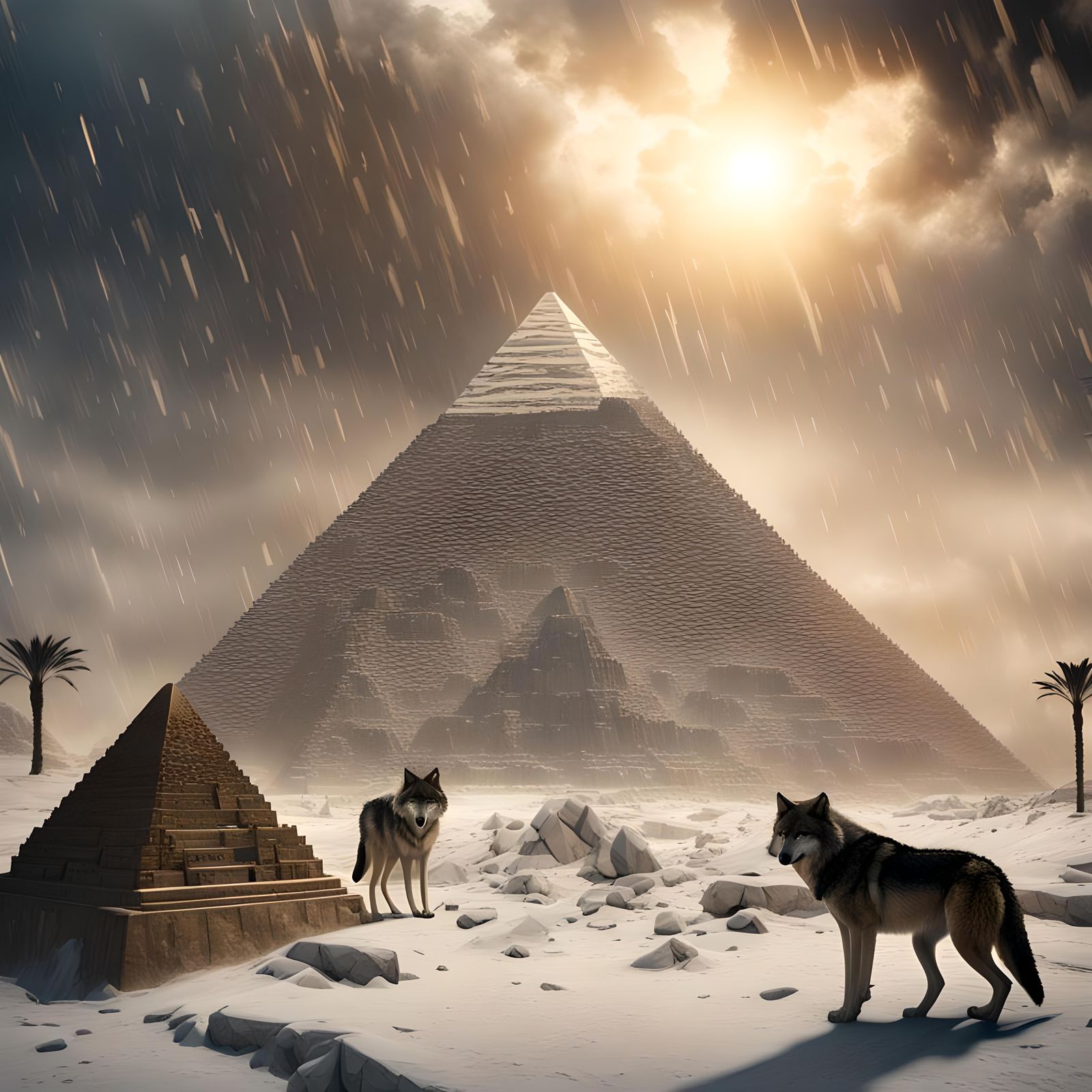 Snowy Egyptian Pyramid with Wolves