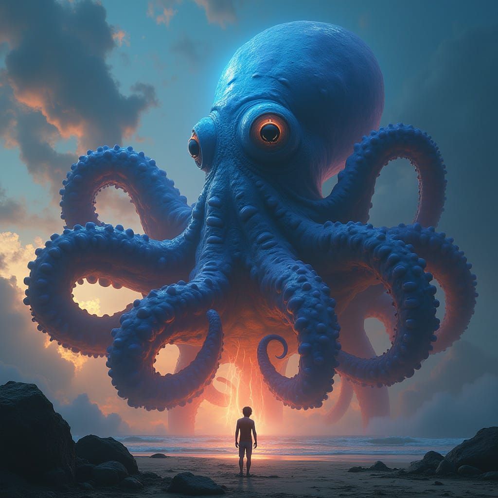 Glowing Octopus Towers Over Young Boy in a Vibrant, Fantasti...