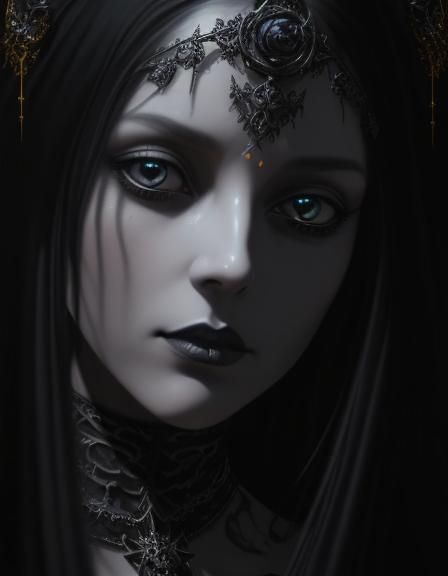 Ethereal gothic goddess Hecate with long black hair and sliv...