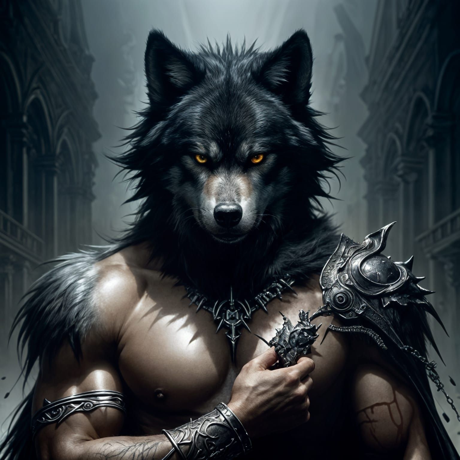 Hyperrealistic Werewolf with Bloody Fur in Dark Fantasy Styl...