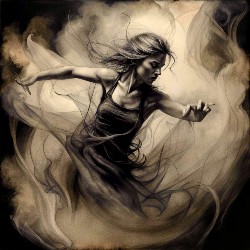 Smoky Female Figure Dancing in Charcoal Style