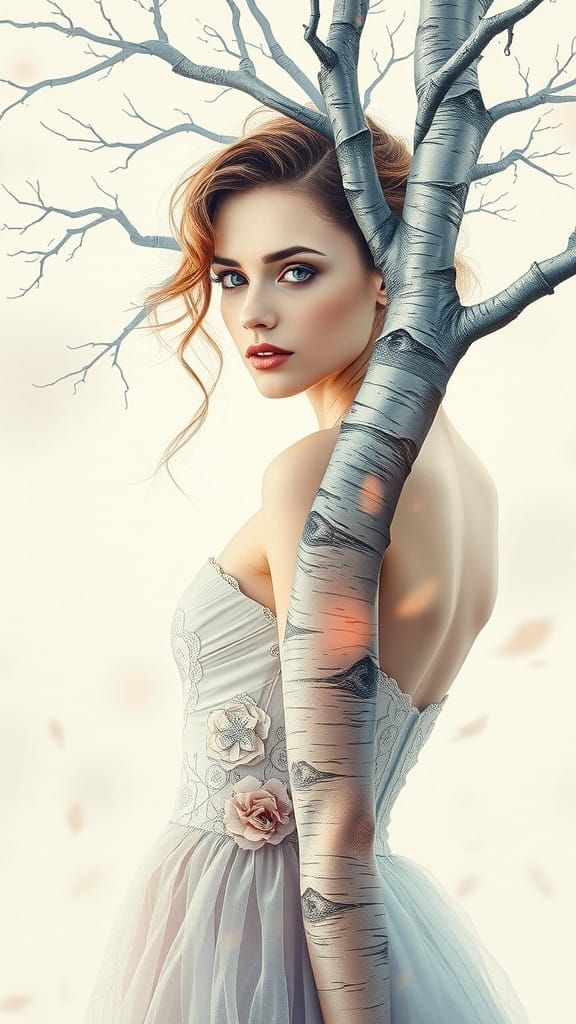 Ethereal Gaze: A Woman Transforms into a Majestic Birch Tree...