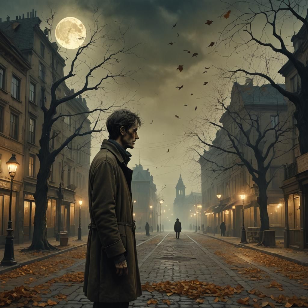 Melancholy Poet in Autumnal Town Square