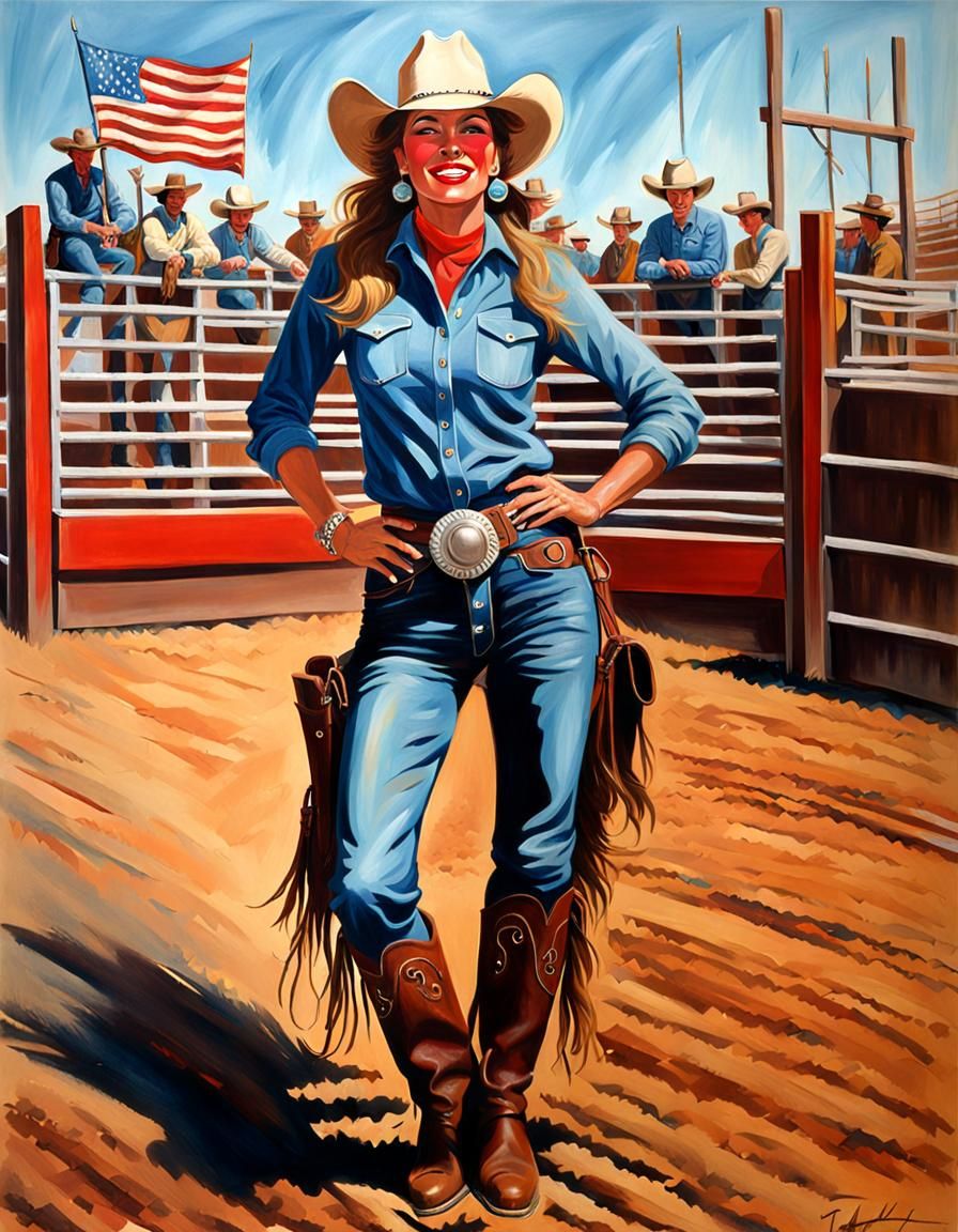 Laughing Cowgirl at the Rodeo in Oil Painting Style