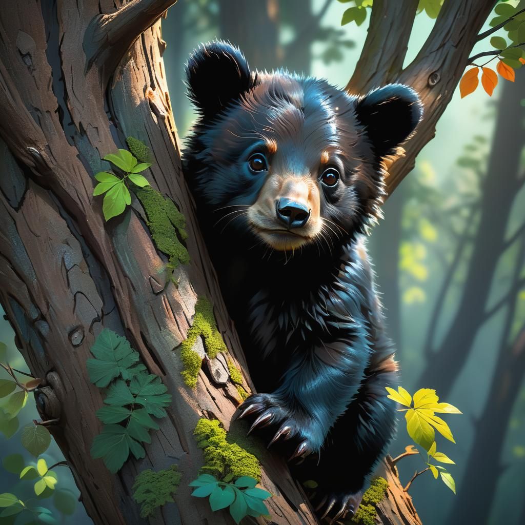 Black Bear Cub Portrait in Hyperdetailed Style