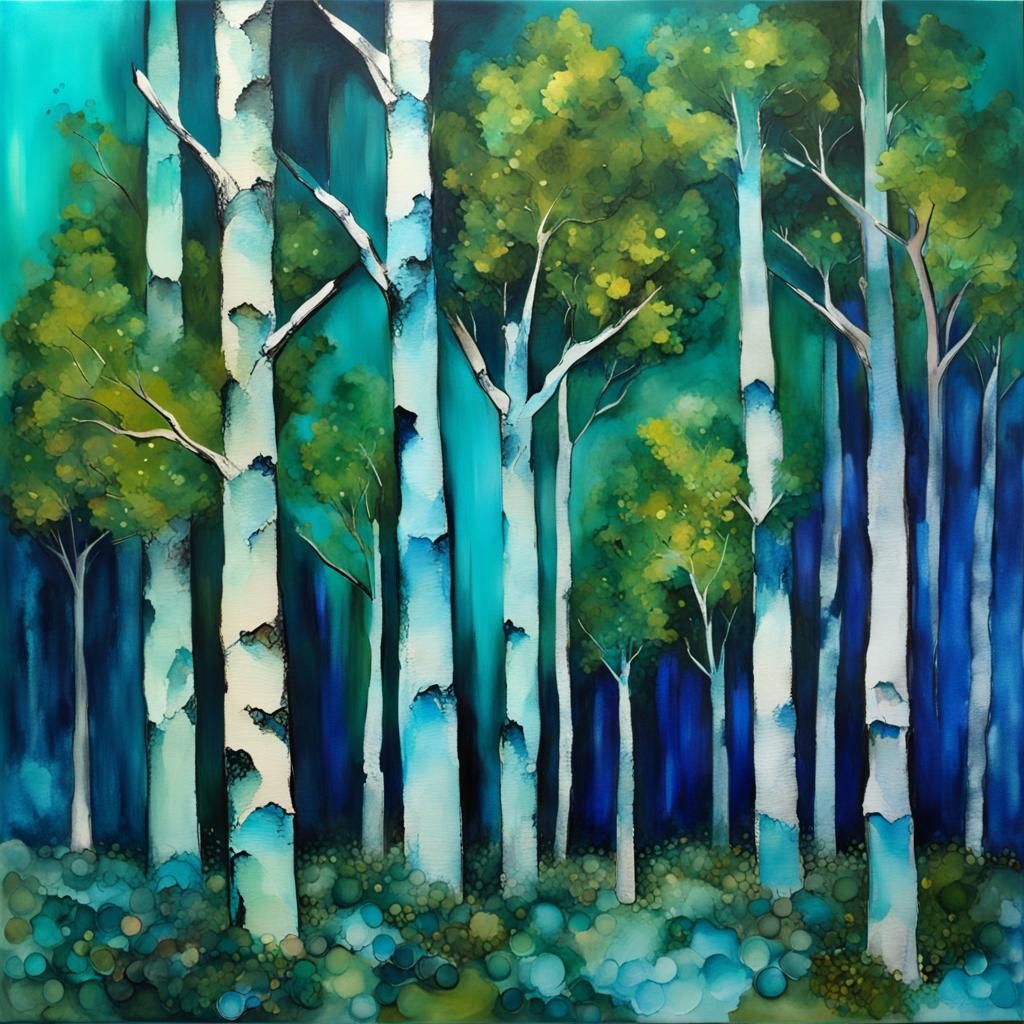 Aspen Forest at Night: Expressionist Alcohol Ink Art