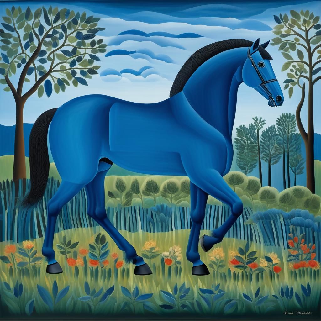 Blue Horse in Naive Art Style