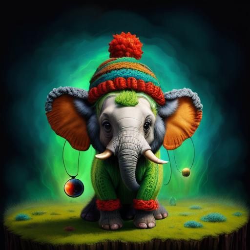 Woolly Elephant with Sad Eyes in Whimsical Scene