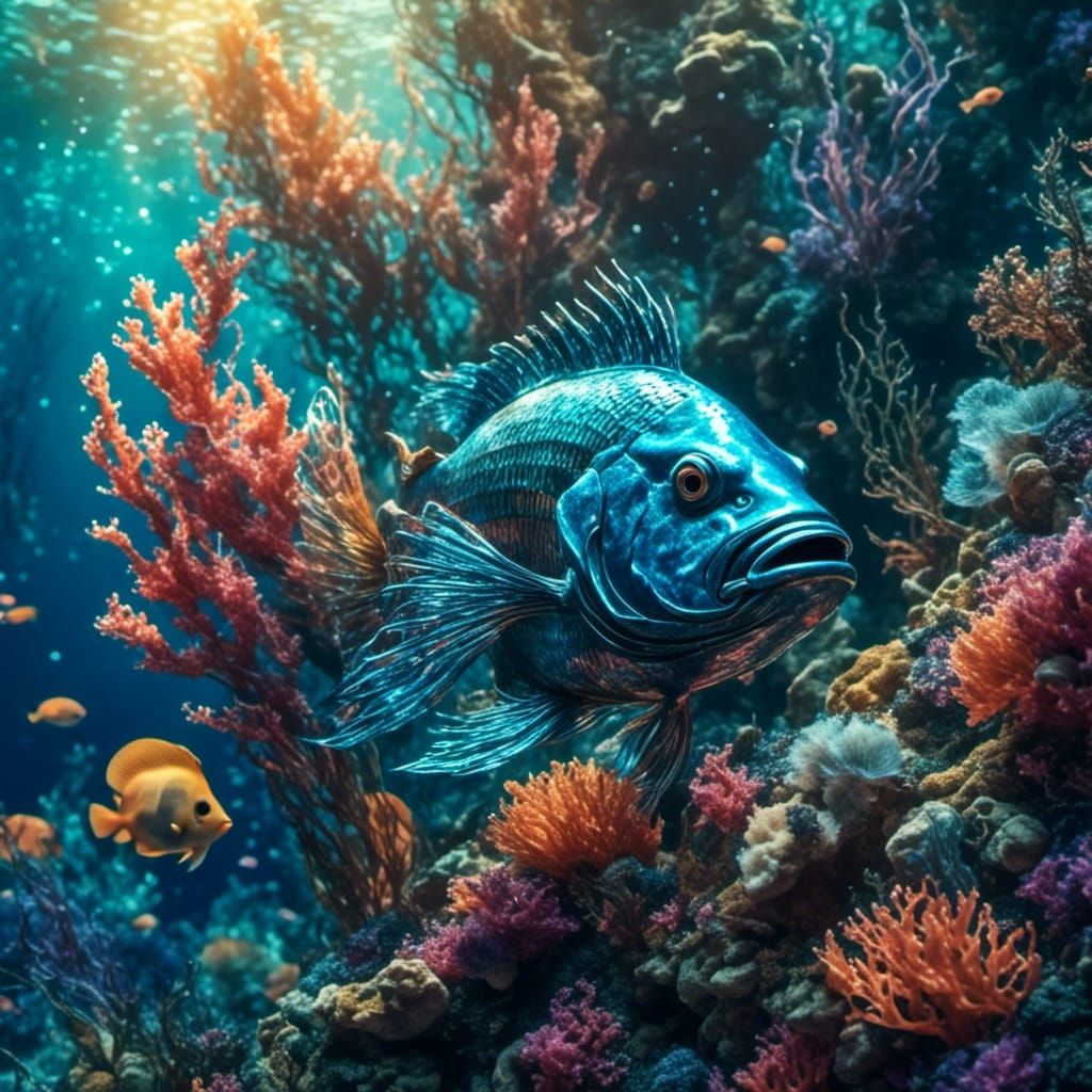 Cute Fish in Coral Reef: Painterly Digital Art