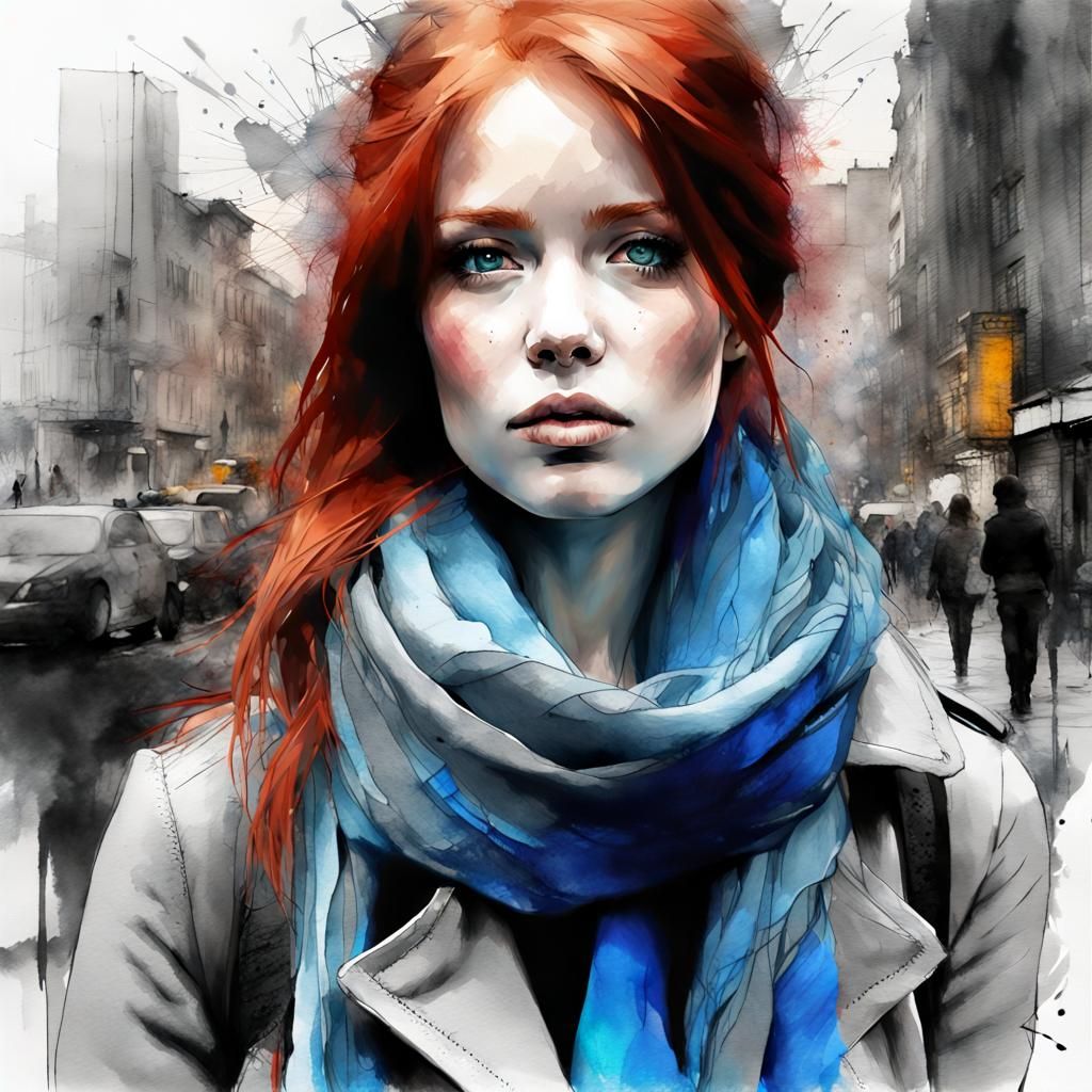 Redhead Woman in Dark City, Digital Watercolor Art