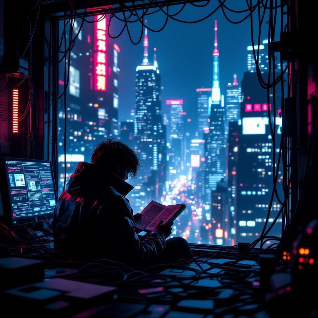 Cyberpunk Hacker Pauses in Neon City Apartment