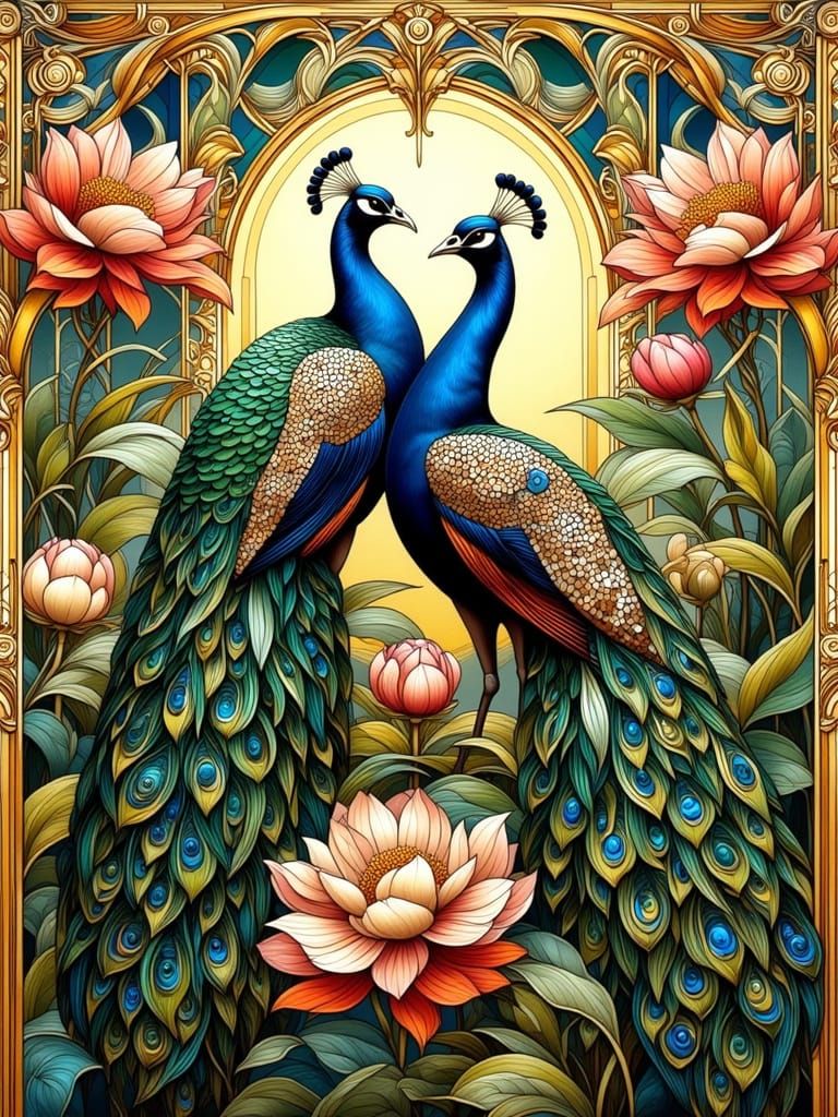 Art Nouveau Peacocks in Lush Foliage