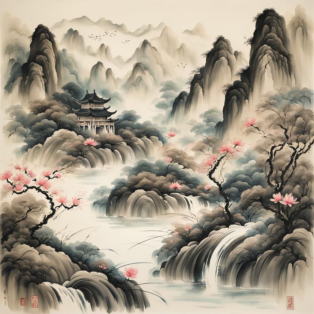 Chinese Landscape Painting with Lotus Flowers