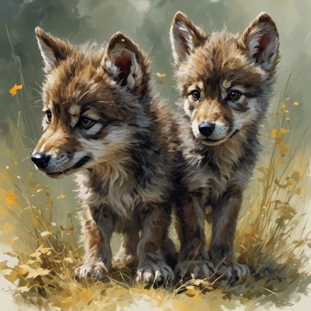 Playful Wolf Cubs in Forest Clearing