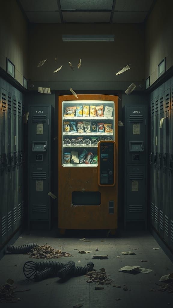 Eerie Abandoned School Hallway with Vending Machine