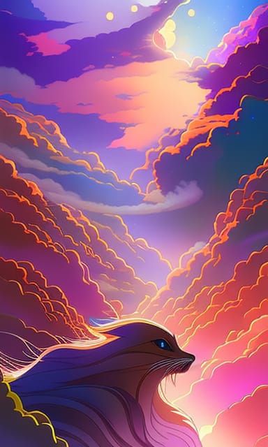 Dreamy Cat: Holographic Cosmic Illustration in Vibrant Color...