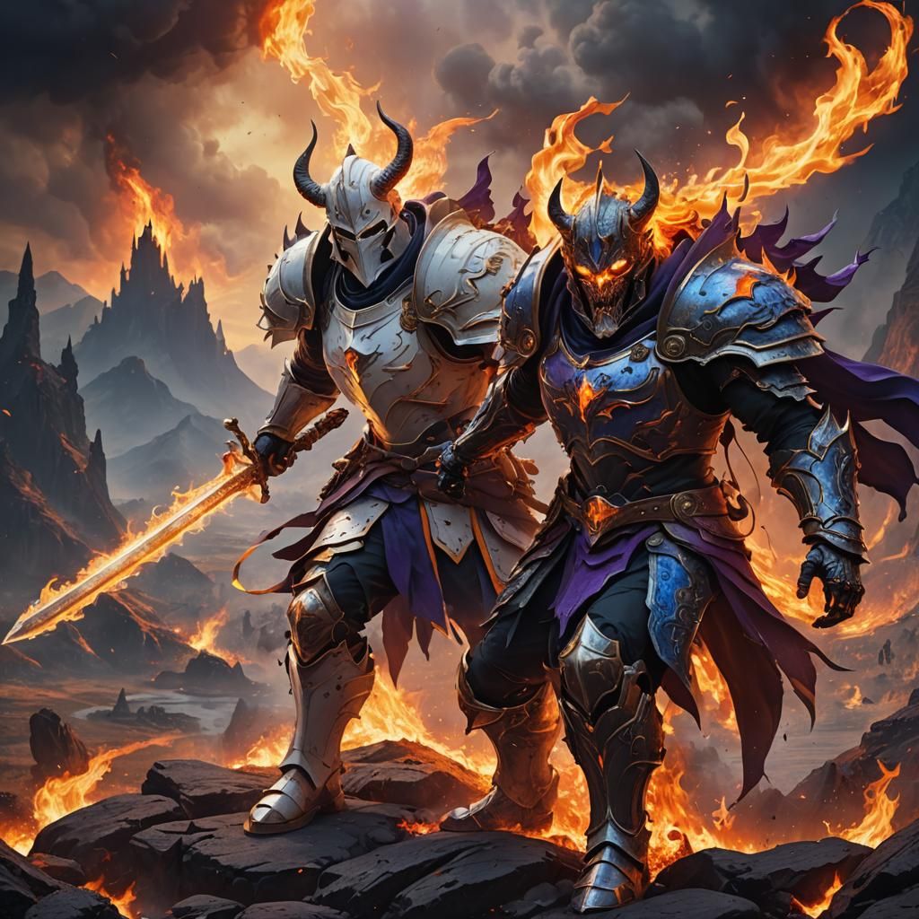 Paladin vs Demon in Burning Landscape