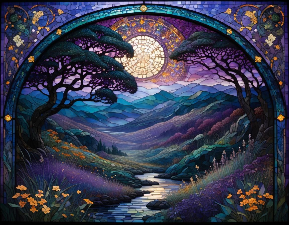 Stained Glass Mosaic in Violet Evening Mist