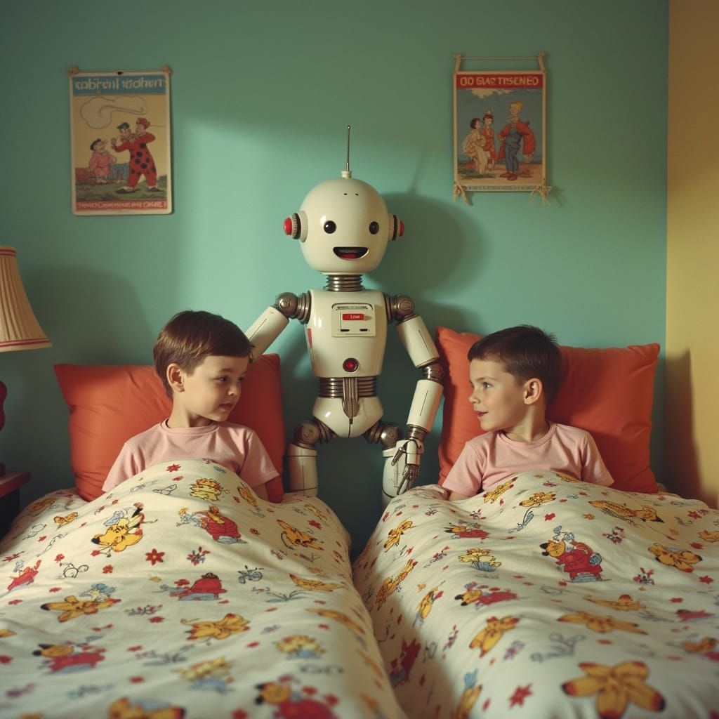 Retro-Futuristic Nanny Robot Tucking Children In
