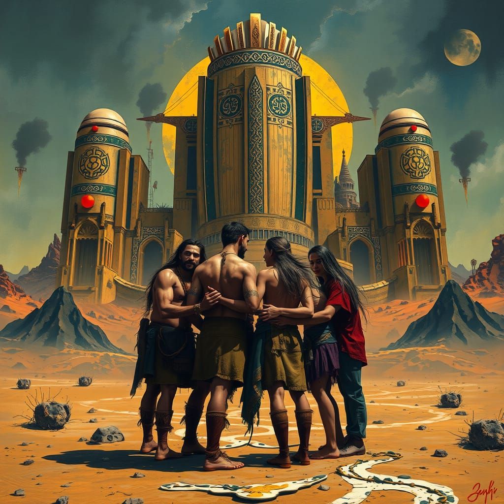 Tribal Family in Surreal Pre-Apocalyptic Landscape