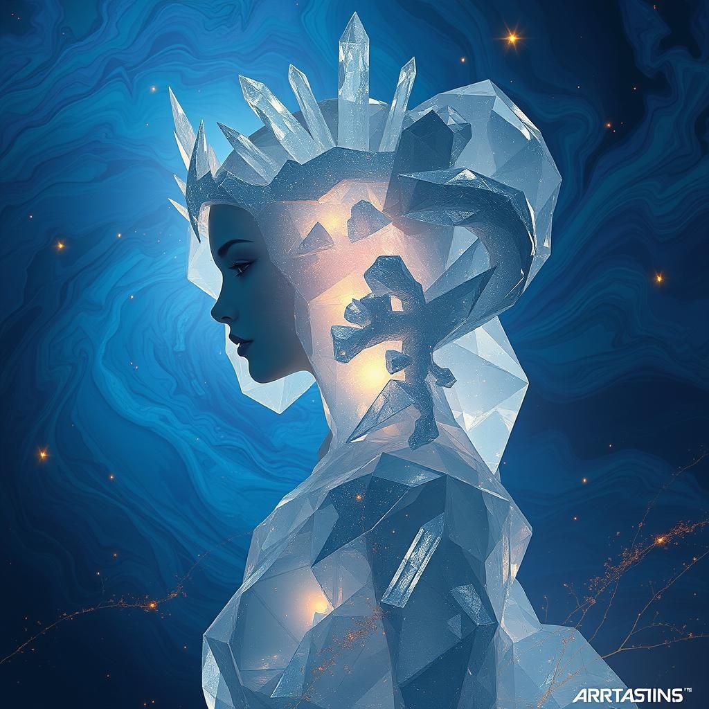 Crystalline Woman Silhouette in Dreamlike Landscape