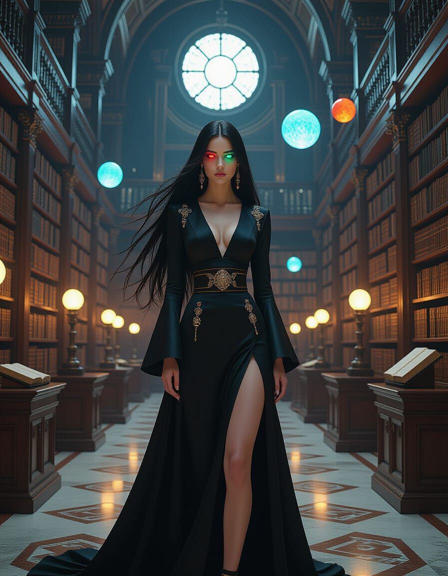 Heterochromatic Woman in Grand Library, Cinematic Digital Ar...