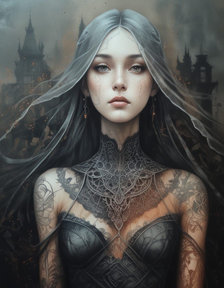 Ethereal Princess Portrait in Charcoal and Rust