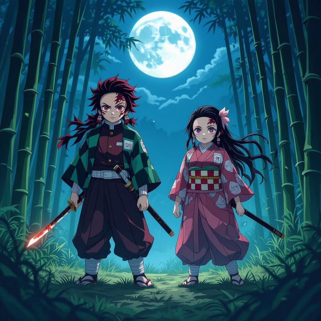 Nezuko and Tanjiro Battle in Moonlit Bamboo Forest