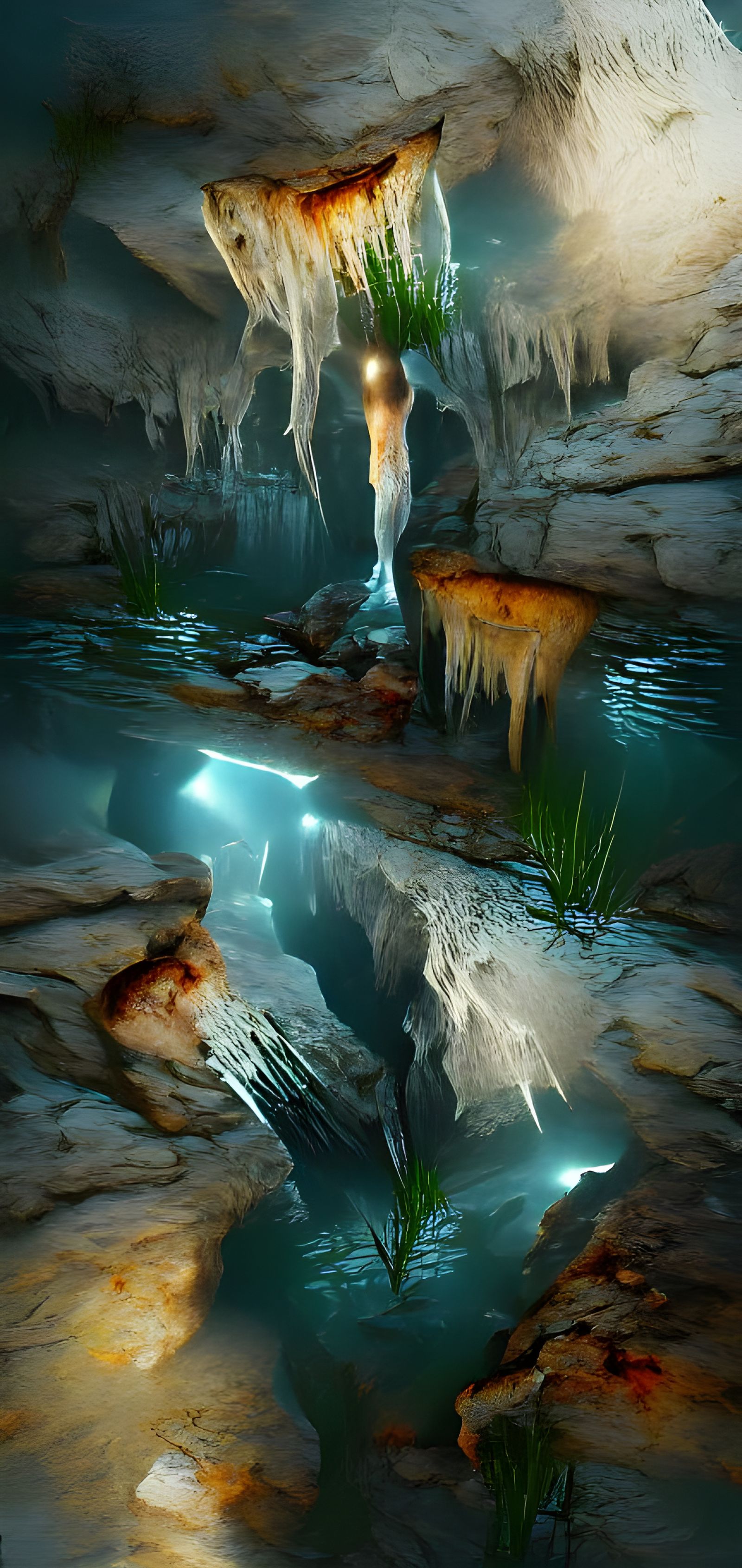 A cave has a gentle pool of water with stalagmites and stala...