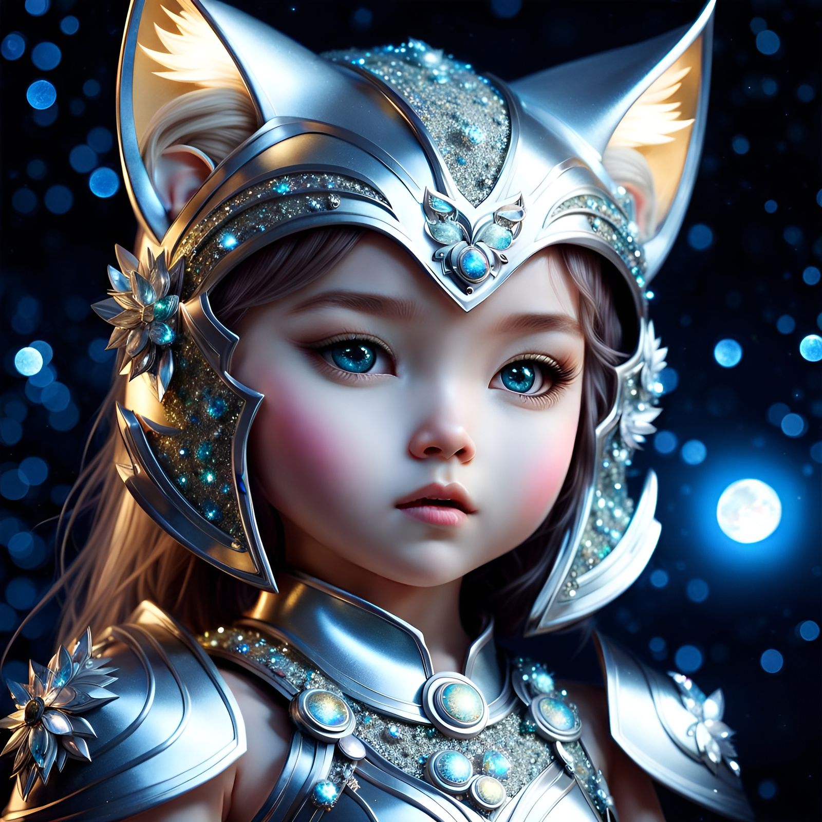 Cute Baby Catgirl Knight in Intricate Silver Sparkle Armor under the Light of a Distant Full Moon