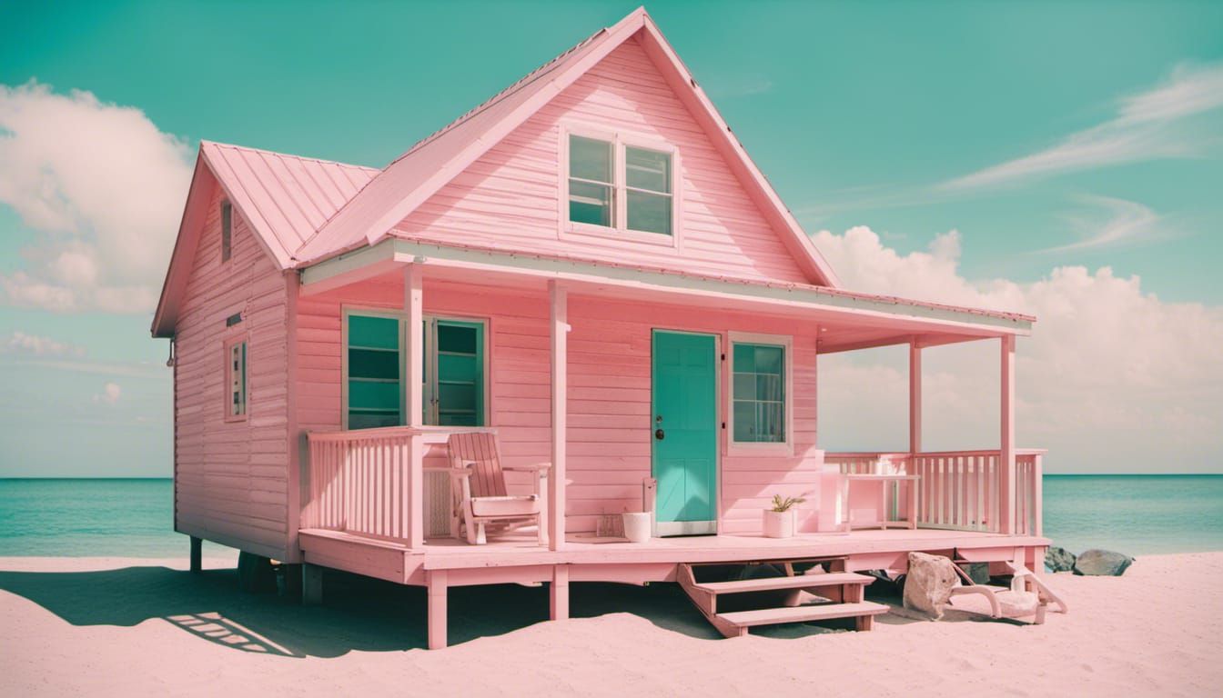 Surreal Retro Cabin on Beach with Tall Men