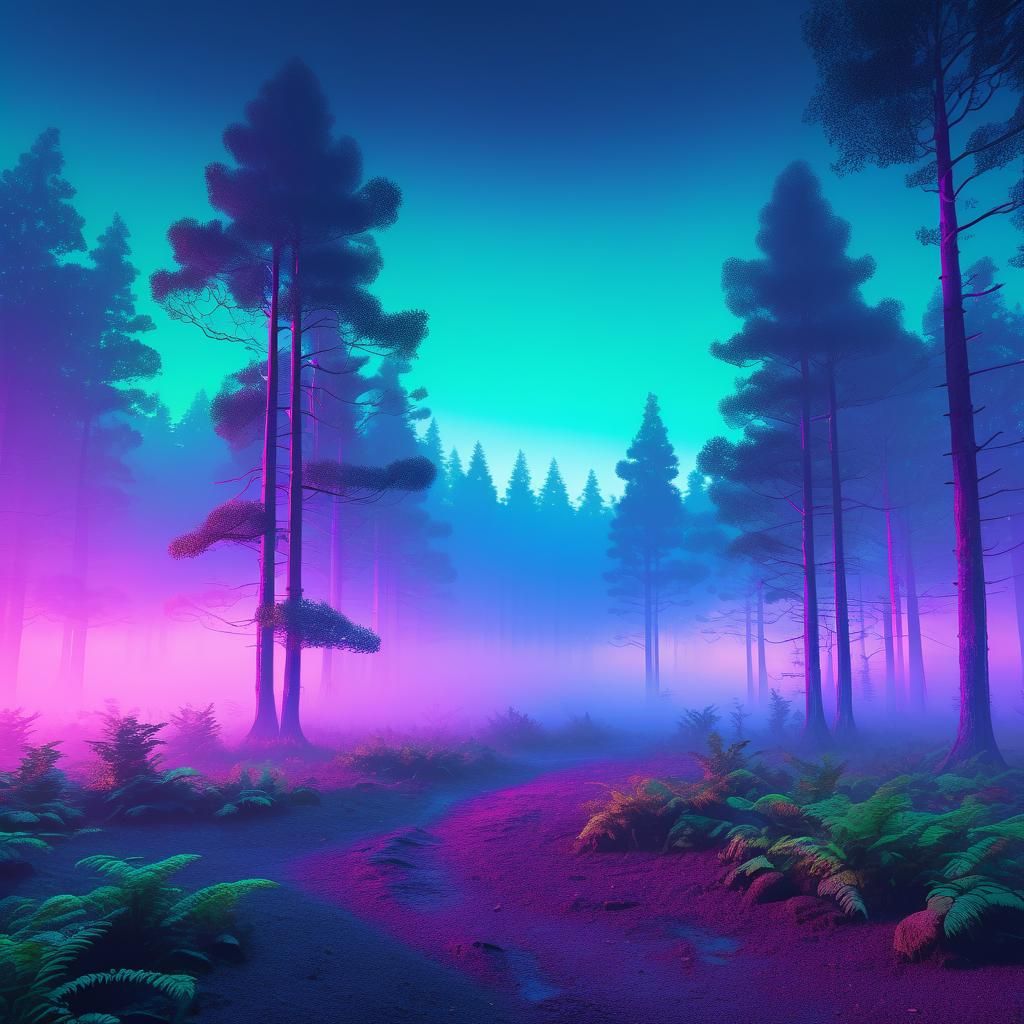 Tranquil Forest Grove at Dawn in Synthwave Style